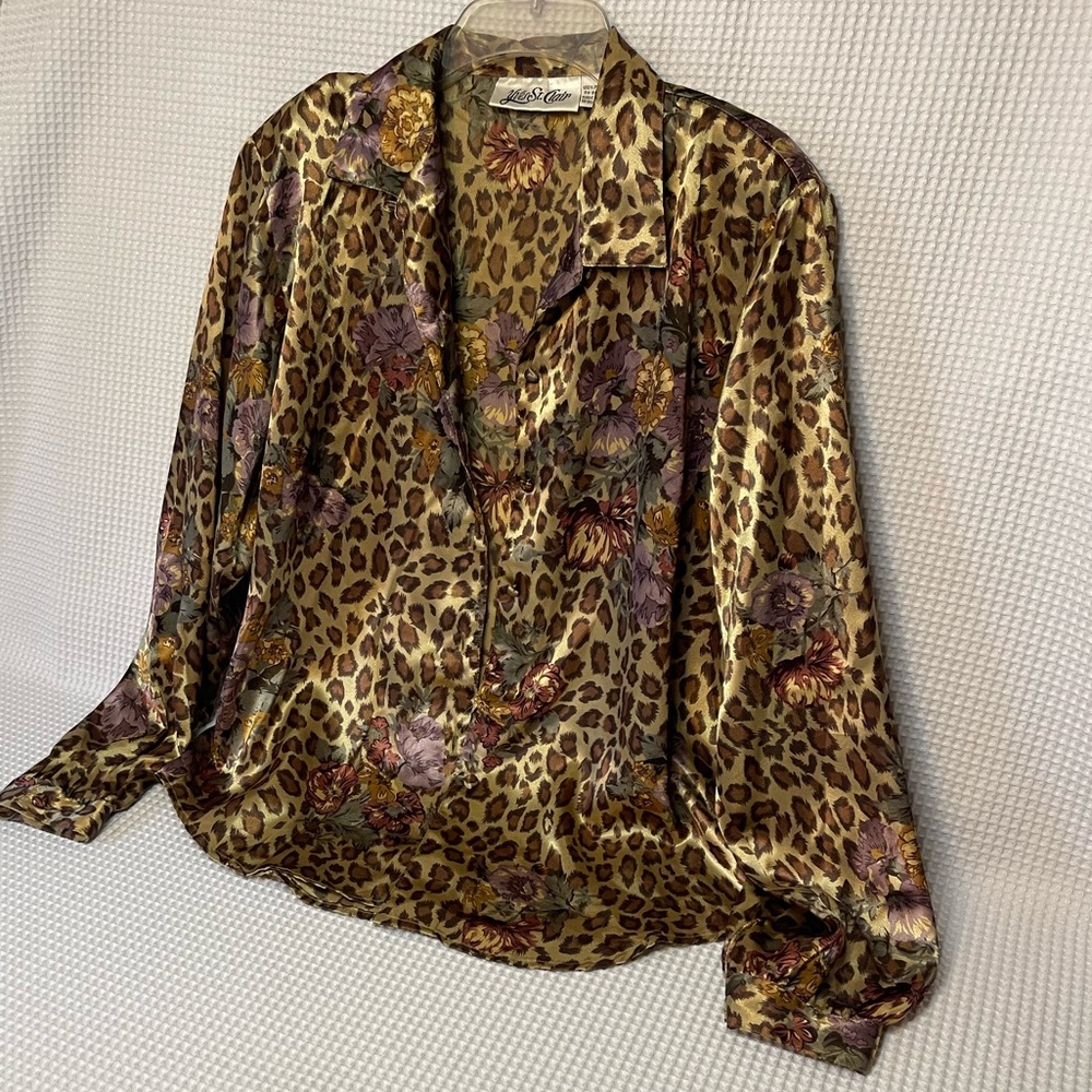 Yves St. Clair Vintage Silky Floral & Leopard Pattern Button up Blouse Top